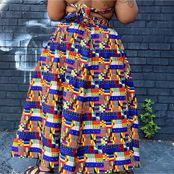 Tribal Abstract Mix Wax Print Cotton Tie Waist Maxi Skirt One Size Plus Size - Picture 9 of 12